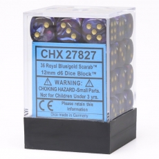 Chessex Opaque 12mm d6 with pips Dice Blocks (36 Dice) - Royal Blue/gold